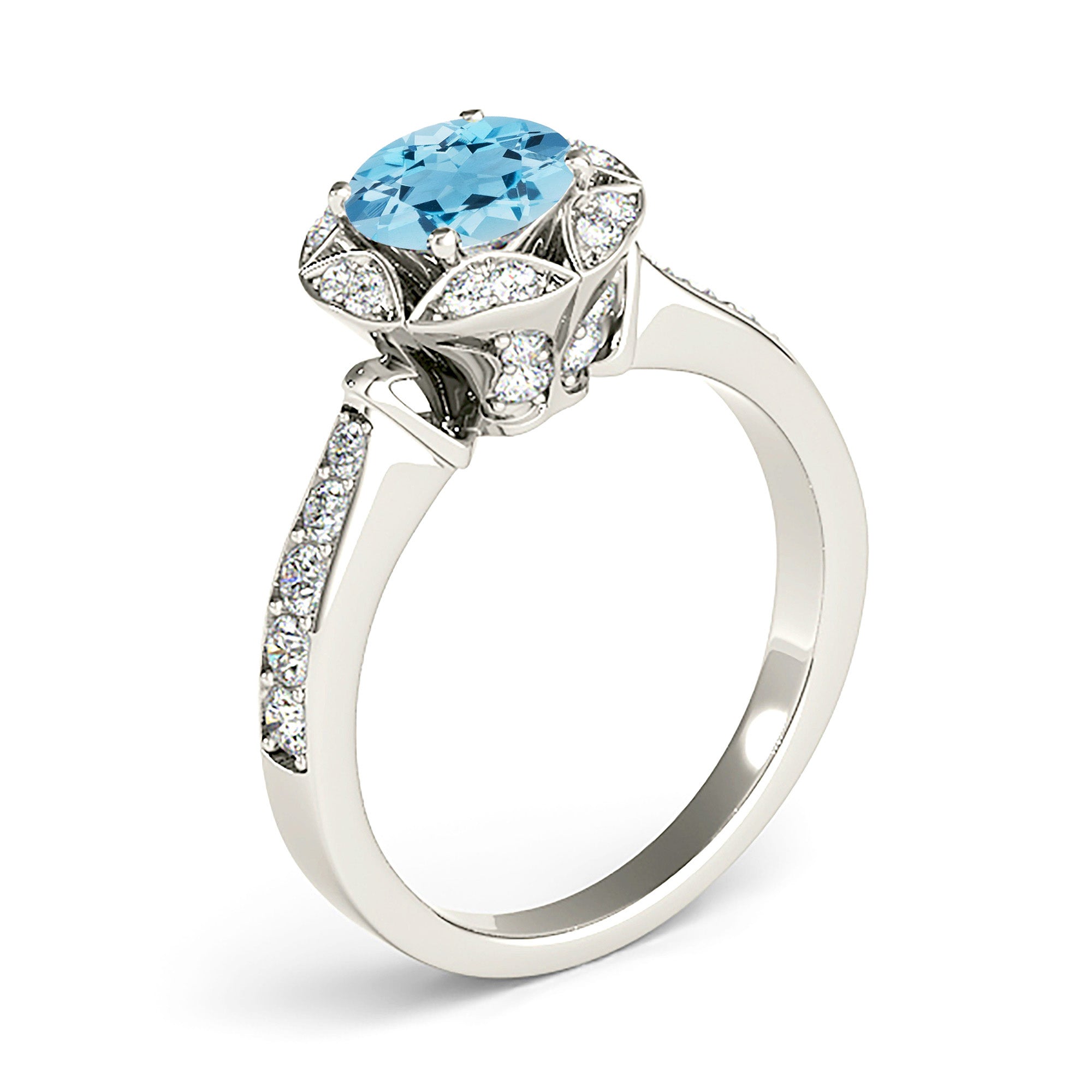 1.10 ct. Genuine Aquamarine Ring With 0.40 ctw. Diamond Floral Halo, Fancy Diamond Basket and Diamond Band | Round Blue Aquamarine Halo Ring-VIRABYANI